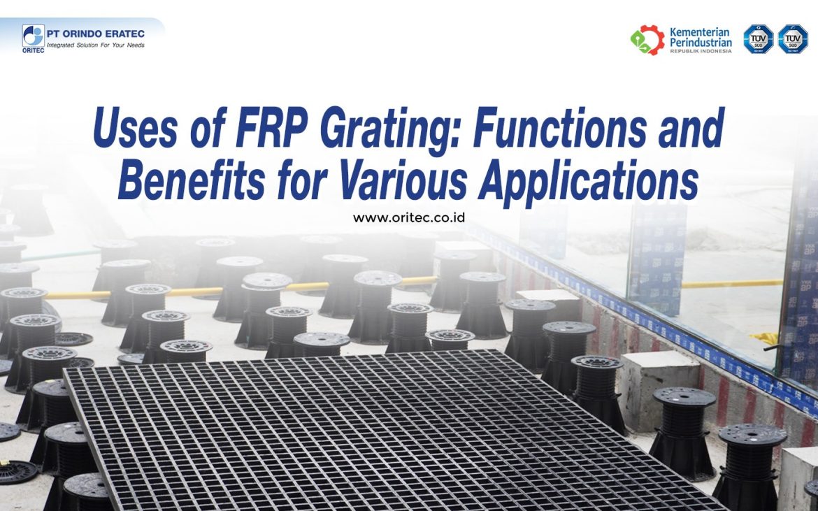 Banner for FRP grating uses with bold title and industrial grid in the foreground, logos in the corners.