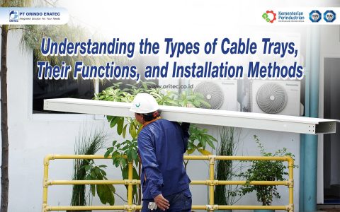 Construction worker in blue coveralls carries a metal beam in front of a large banner about cable trays installation.