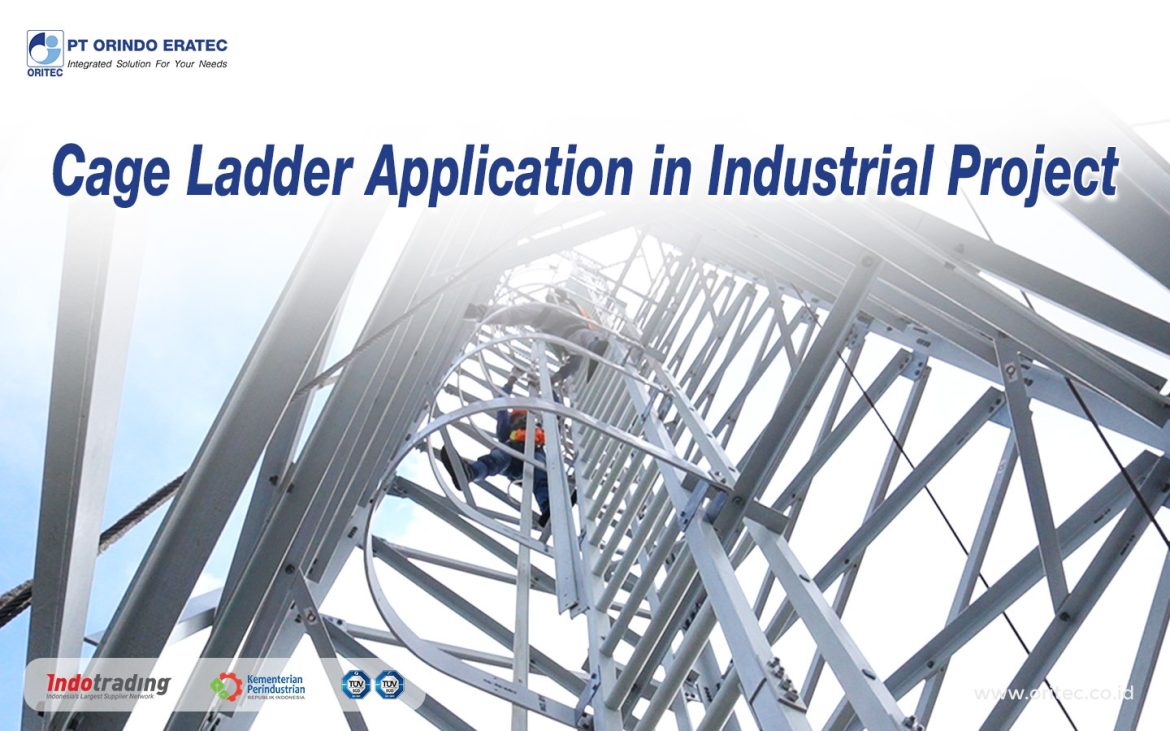 Cage Ladder Application in Industrial Project: worker climbs a steel lattice tower with blue title text in the foreground (industrial site)
