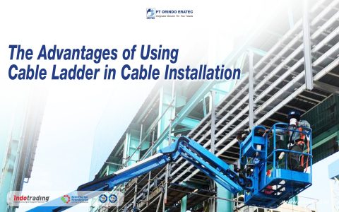 Construction site with a blue elevated work platform beside a steel cable ladder, overlaid with the title: 