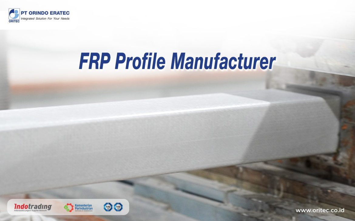 Hero banner reading 'FRP Profile Manufacturer' with industrial beam in background and logos in the corners, conveying a manufacturing company.