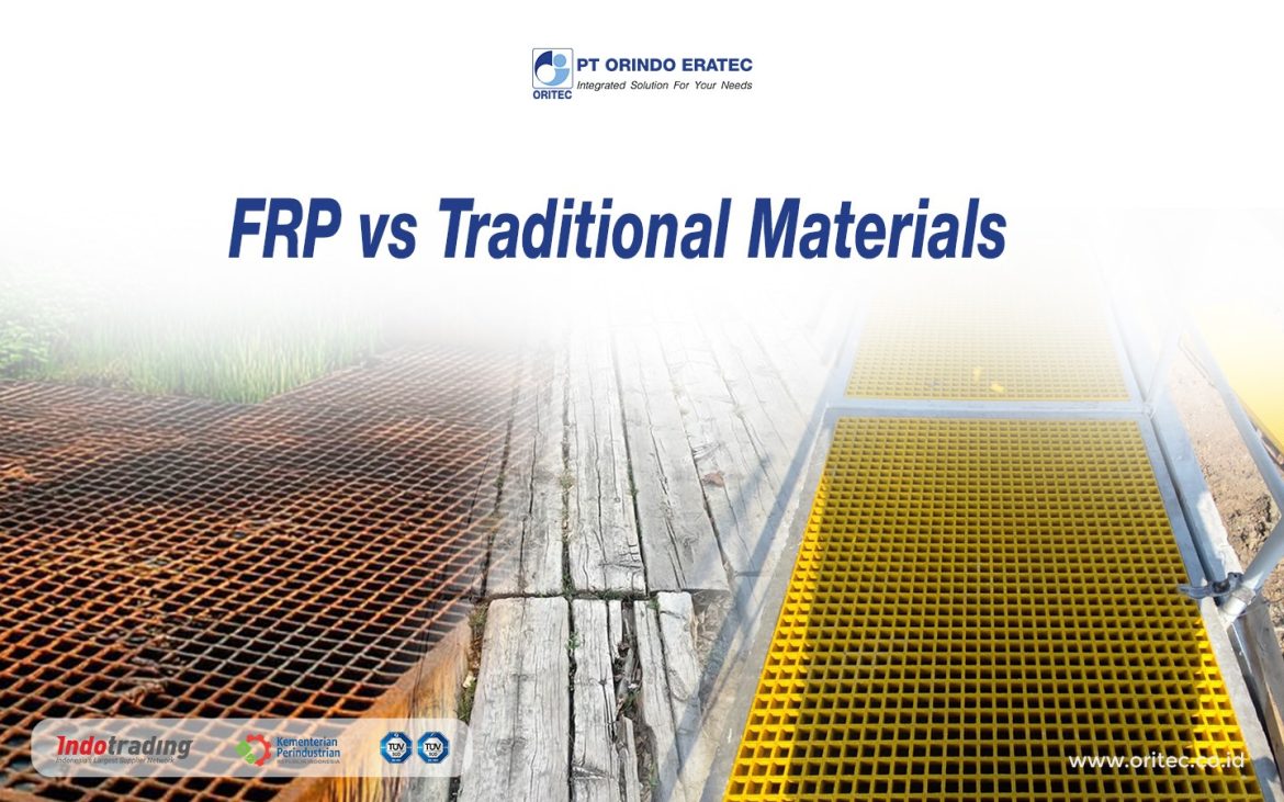 Banner reading 'FRP vs Traditional Materials' with company logos; background split shows rusted metal grate on left and yellow walkway grating on right.