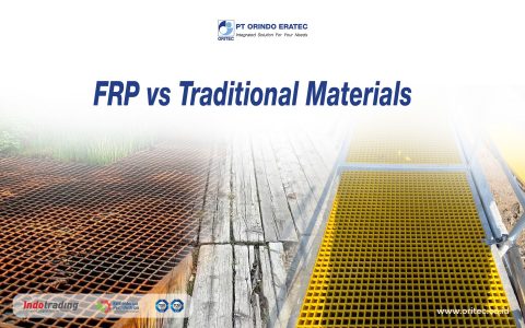 Banner reading 'FRP vs Traditional Materials' with company logos; background split shows rusted metal grate on left and yellow walkway grating on right.