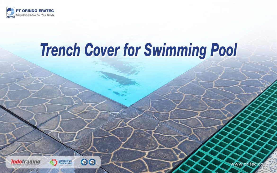 Banner advertising a trench cover for swimming pools, with blue water edge and company logos in the corners