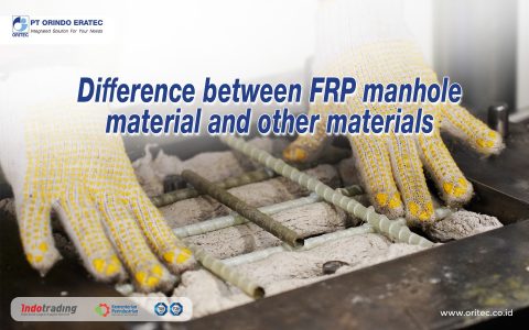 Gloved hands arrange FRP manhole components on a workshop table, with the article title 'Difference between FRP manhole material and other materials' across the image.